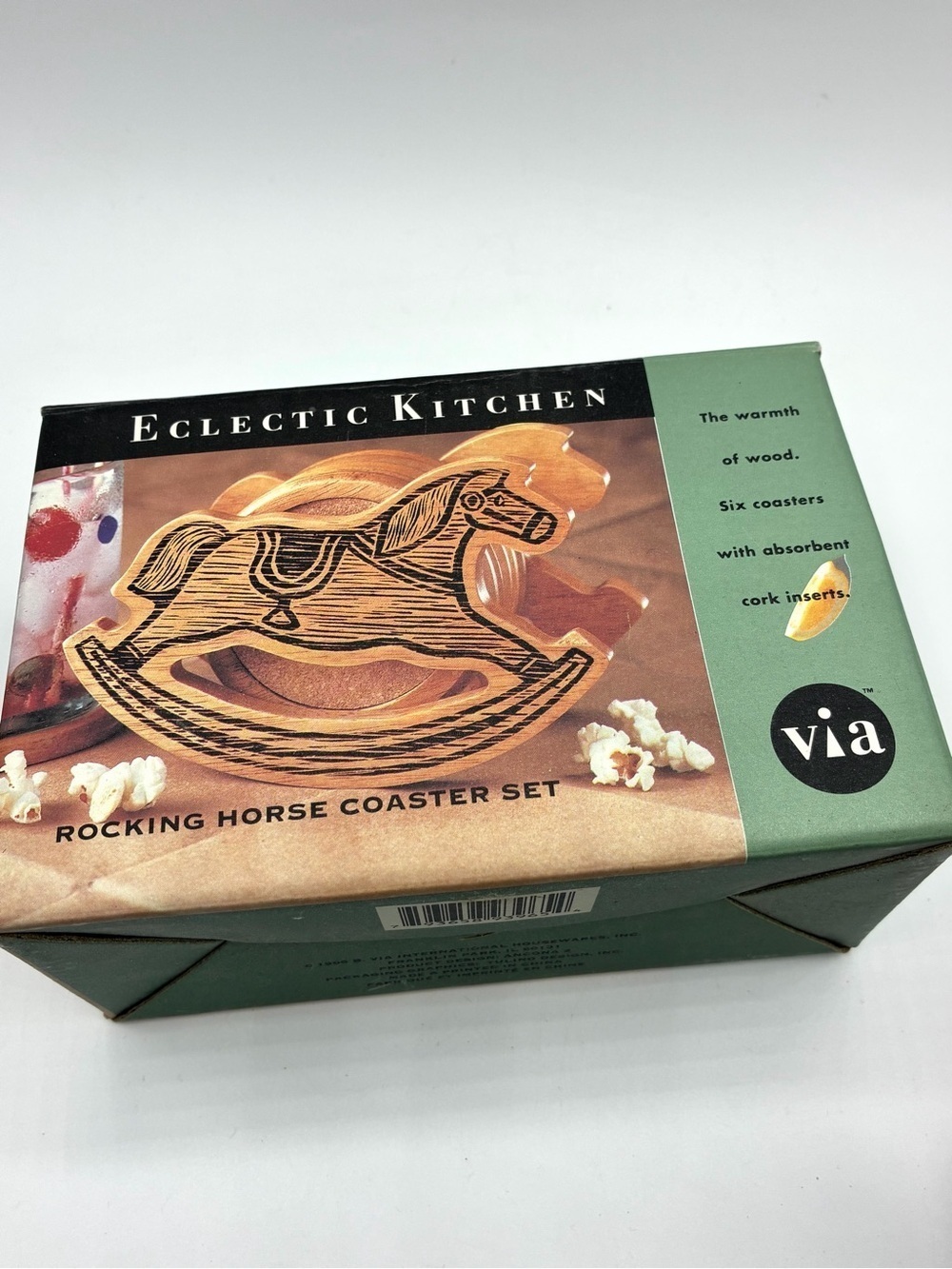 Vintage Via Eclectic Kitchen Rocking Horse Wood Coaster Set Cork 6pc - Picture 14 of 15